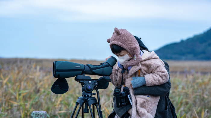 3 탐조여행 참가자가 순천만의 갈대밭에서 철새를 관찰하고 있다.jpg